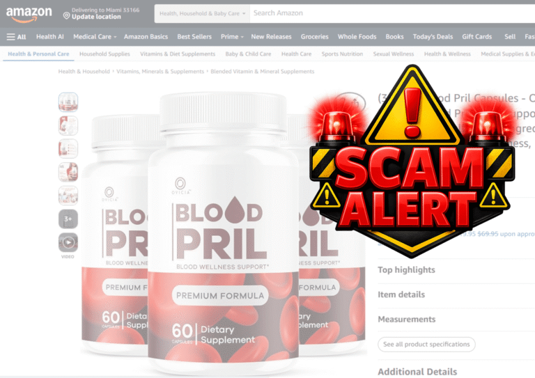 Warning graphic alerting consumers to purchase authentic BloodPril directly from the official website to avoid counterfeit products.