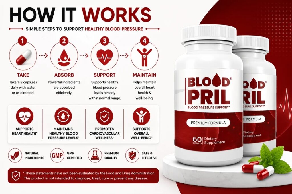 Diagram illustrating how BloodPril boosts nitric oxide levels to relax blood vessels and improve blood circulation.