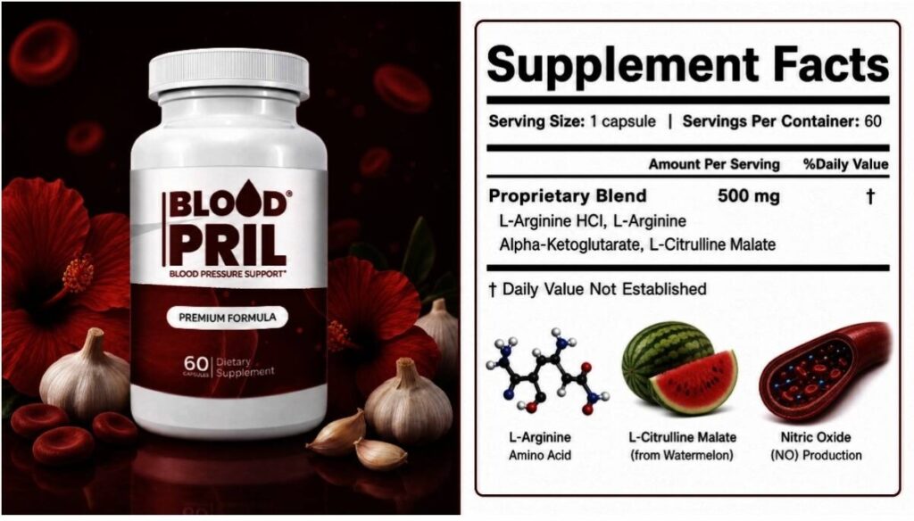 Ingredient chart detailing the active amino acids in BloodPril: L-Arginine, L-Citrulline, and AAKG.