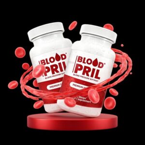 Close-up of the official BloodPril 60-capsule bottle with cardiovascular support label details.